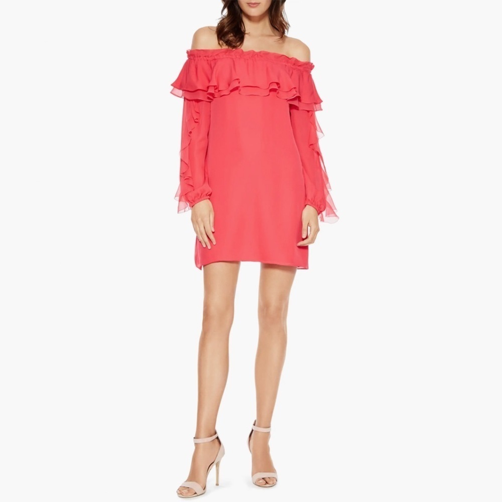 Parker - Isa Silk Off-the-shoulder Silk Ruffle Mini Dress In Prism Pink